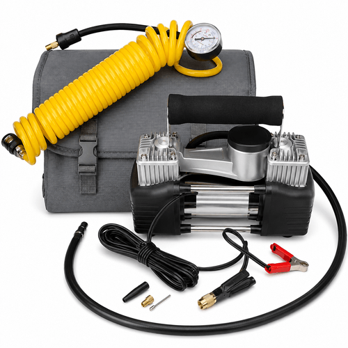 Compresor doble pistón para 4x4, 12v. Con bolso y manómetro