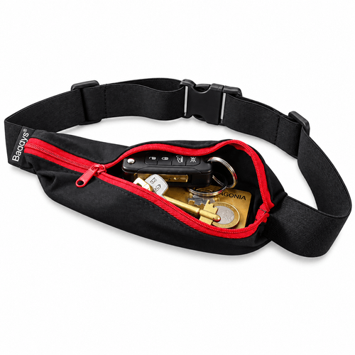 Riñoneras Expandibles Baggys Lycra Negro cierre Rojo